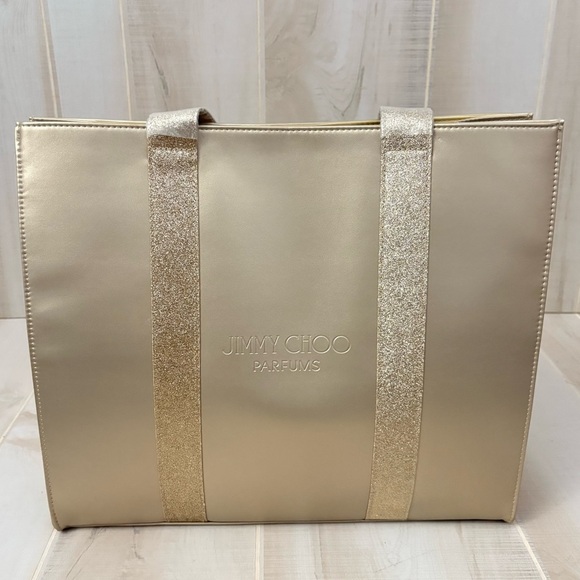 Jimmy Choo Parfums Gold Large Tote Shoulder Bag Embossed LOGO Glitter Shimmery - Picture 1 of 9